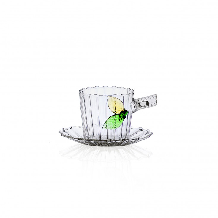 Tazza caffè con piattino decorazione con foglie i vetro