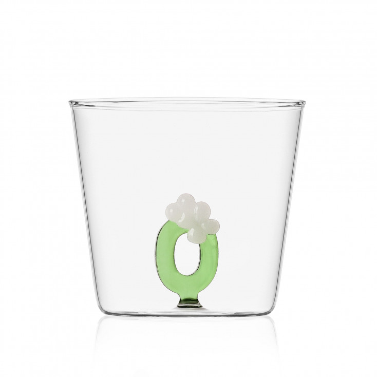 Bicchiere in vetro tumbler con alfabeto fiorito lettera "O"