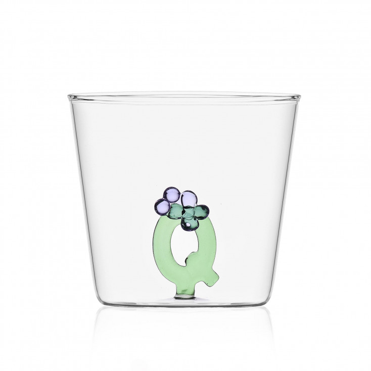 Bicchiere in vetro tumbler con alfabeto fiorito lettera "Q"