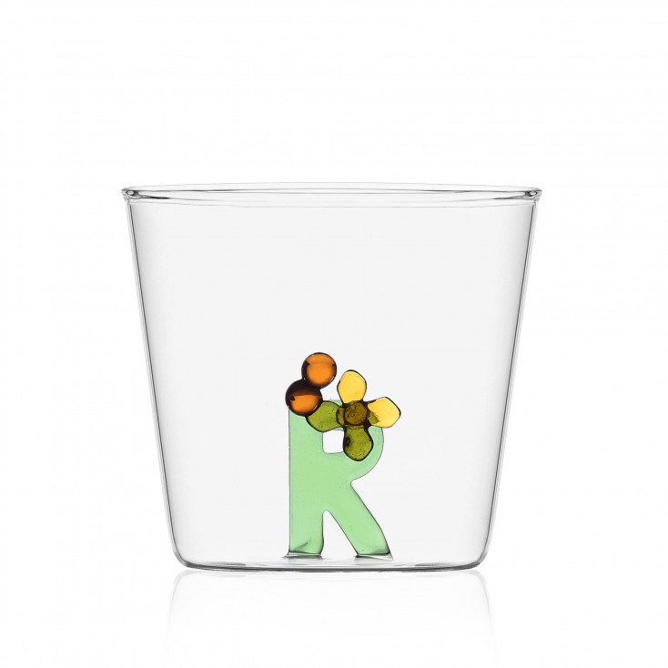 Bicchiere in vetro tumbler con alfabeto fiorito lettera "R"