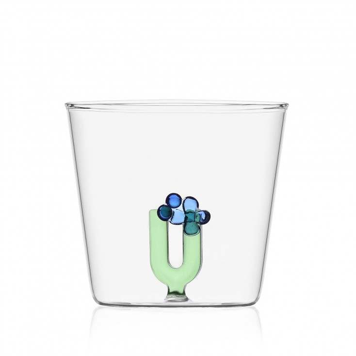 Bicchiere in vetro tumbler con alfabeto fiorito lettera "U"