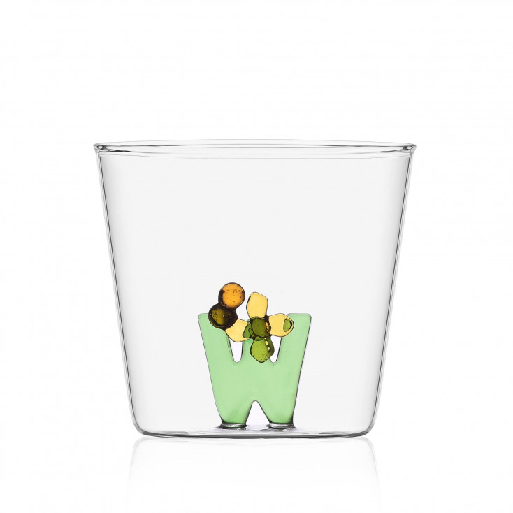 Bicchiere in vetro tumbler con alfabeto fiorito lettera "W"