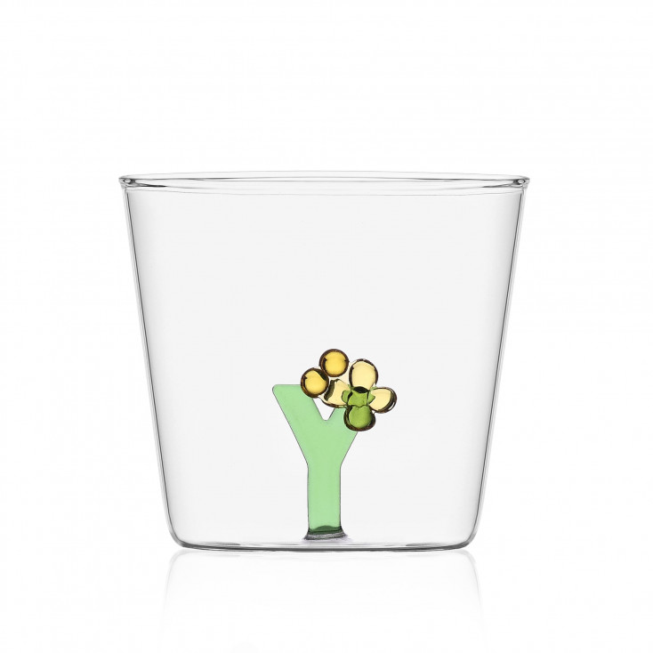 Bicchiere in vetro tumbler con alfabeto fiorito lettera "Y"