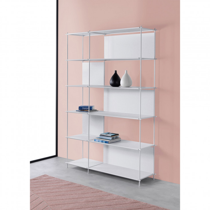Libreria componibile in acciaio moderna con varie scaffalature a vista