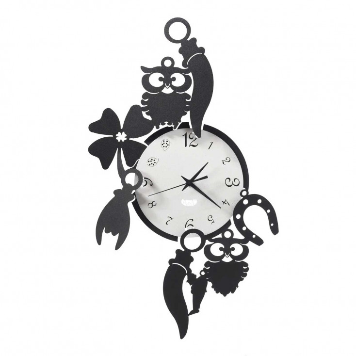 Orologio da parete in metallo moderno con cornetti, gufi e quadrifogli