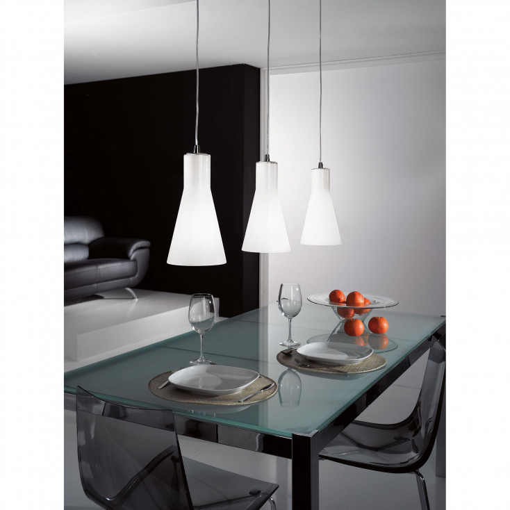 Lampada a sospensione 3 luci moderna in metallo con diffusore in vetro soffiato