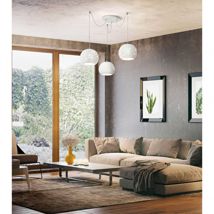 Lampada a sospensione 3 luci con struttura in metallo e diffusore in ceramica