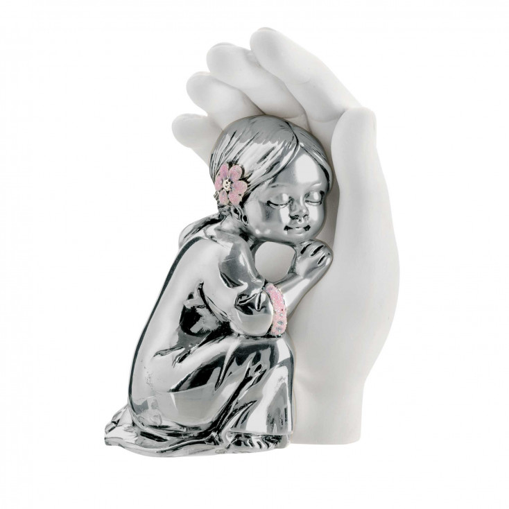 Bomboniera Battesimo - Scultura Bambina abbracciata argentata