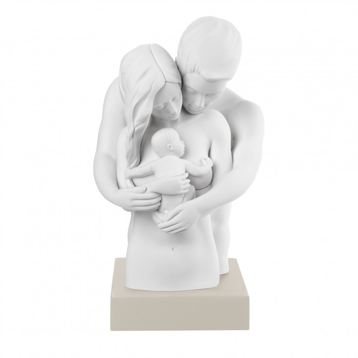 Scultura da tavolo con base colorata con raffigurazione "famiglia abbracciata"