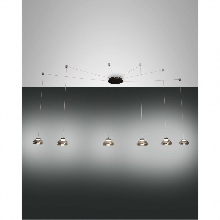 Lampada a sospensione a 6 luci a LED in metallo con diffusore in vetro soffiato