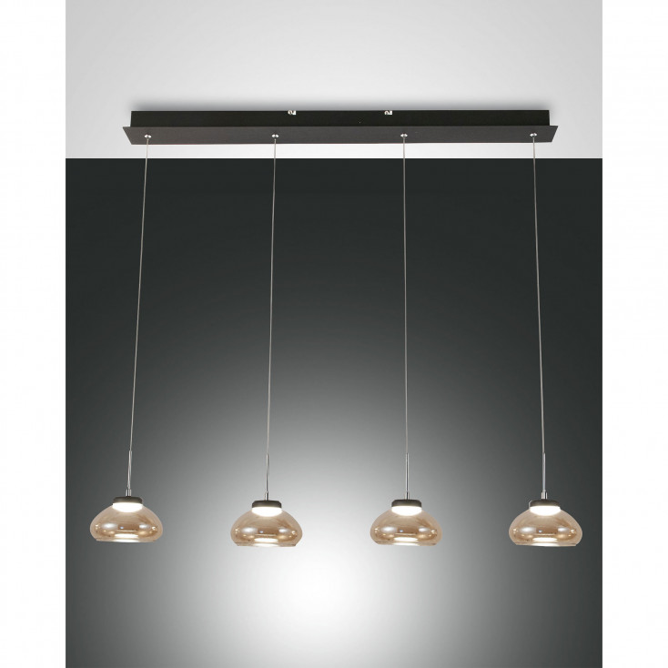 Lampada a sospensione a 4 luci a LED in metallo con diffusore in vetro soffiato