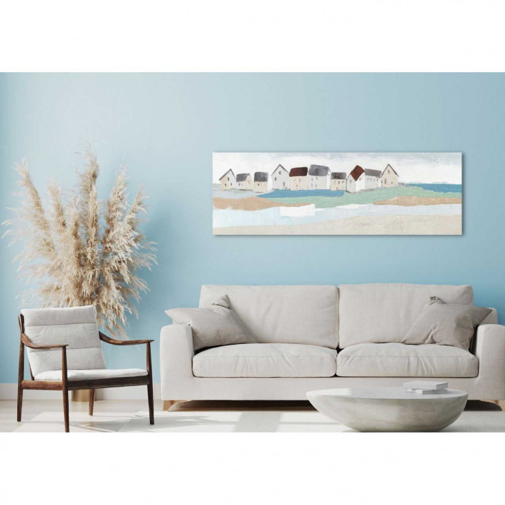 Quadro contemporaneo con paesaggio dipinto a mano su tela "Sea Village" 150x50