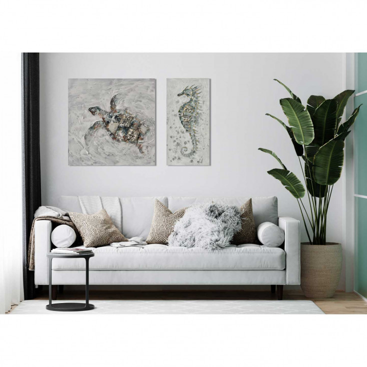 Quadro moderno astratto con disegno marino dipinto a mano "Hippocampus" 30x60