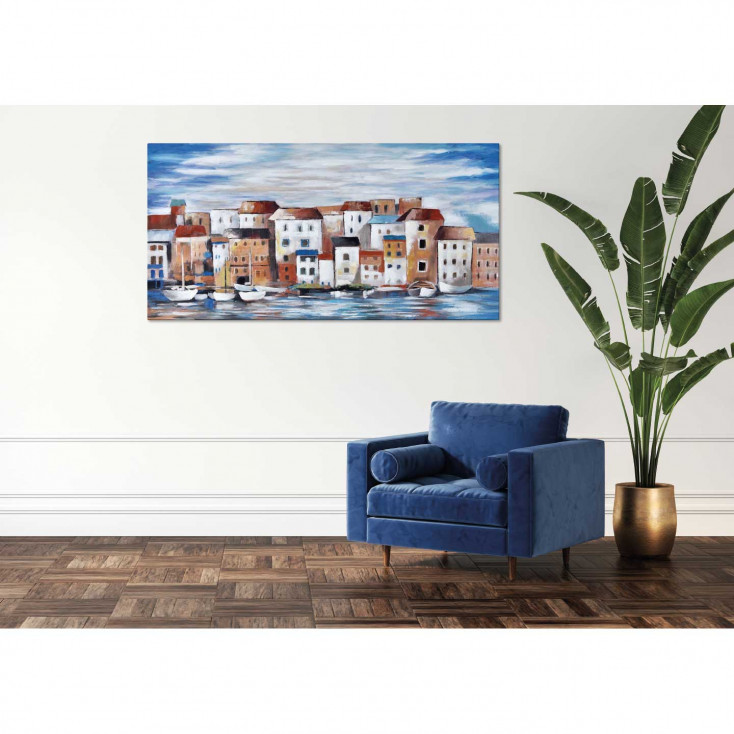 Quadro moderno con paesaggio dipinto a mano su tela "Borgo sul Mare" 120x60