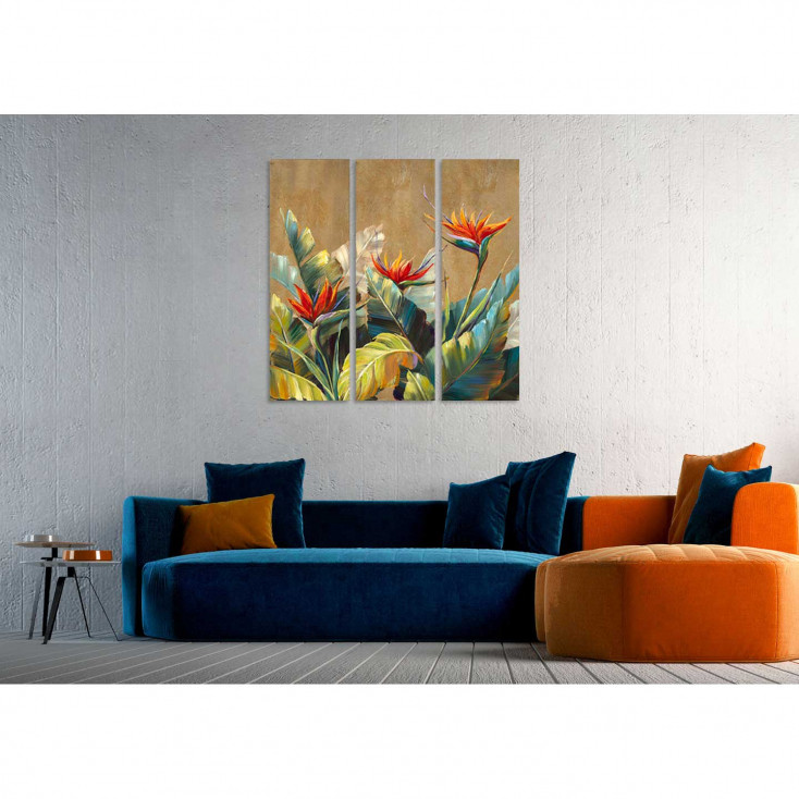 Quadro moderno floreale dipinto a mano su tela Set 3 pz "Sterlizie" 40x120