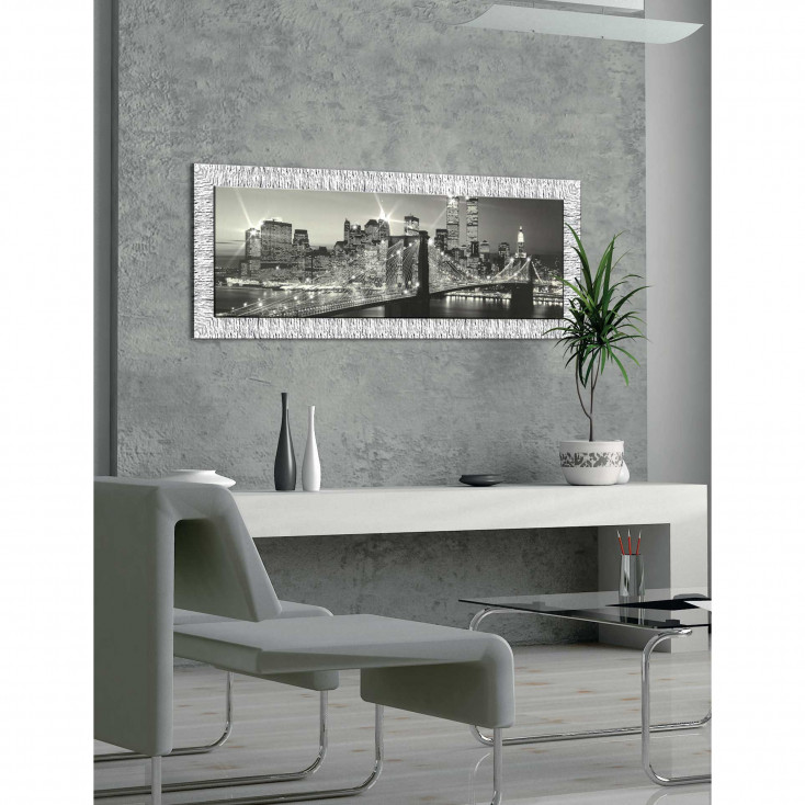 Quadro materico moderno con cornice argento glitterato con strass 154x64