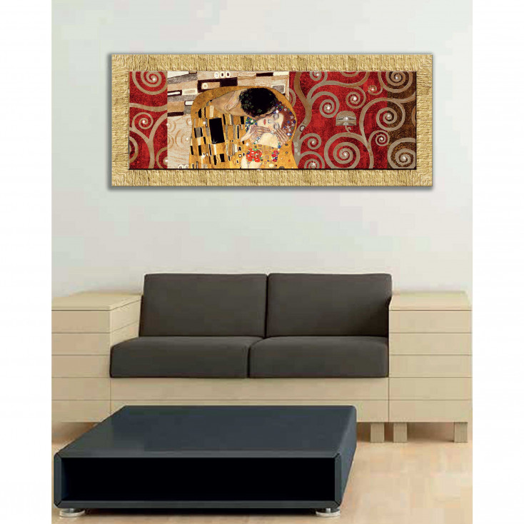 Stampa con cornice in legno decori materici e glitter "il bacio" 153x63