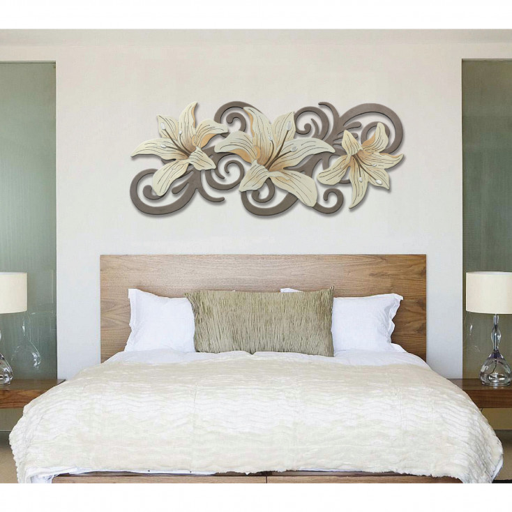 Quadro in legno moderno con fiori in rilievo e dettagli foglia argento 155x65