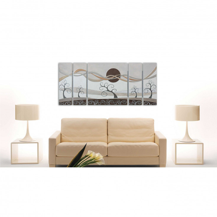 Quadro moderno dipinto in rilievo su legno con glitter e foglia argento 150x65