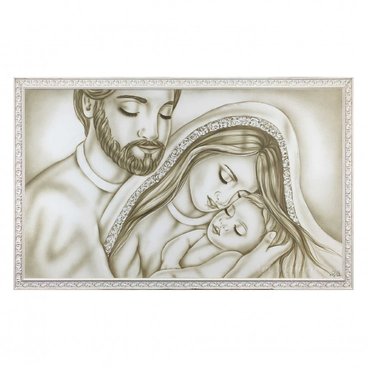 Capezzale con la sacra famiglia dipinta a mano su tela Pazienza 110x65