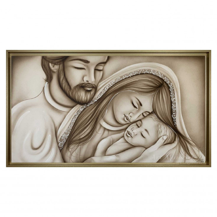 Capezzale con la sacra famiglia dipinta a mano su tela Pazienza 110x65