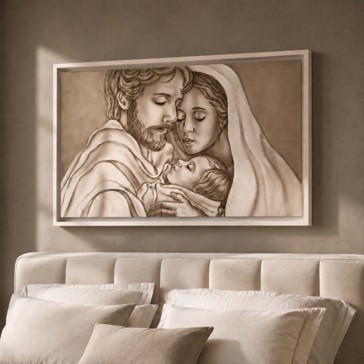Capezzale la sacra famiglia dipinta a mano su tela Custodi dell'Amore 110x65