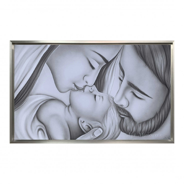 Capezzale moderno con la sacra famiglia dipinta su tela Bacio con Velo 110x65