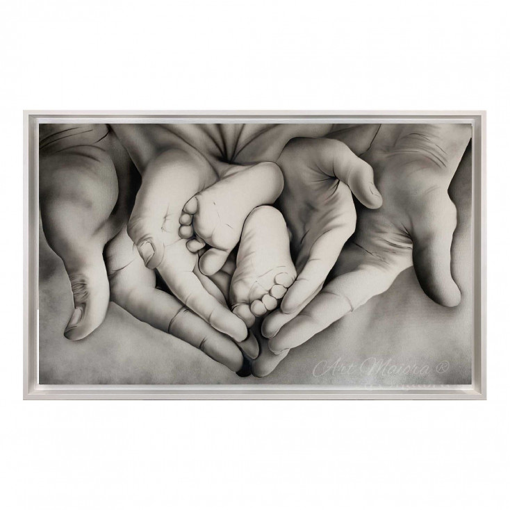 Capezzale moderno con la sacra famiglia dipinto a mano Family Heart 110x65