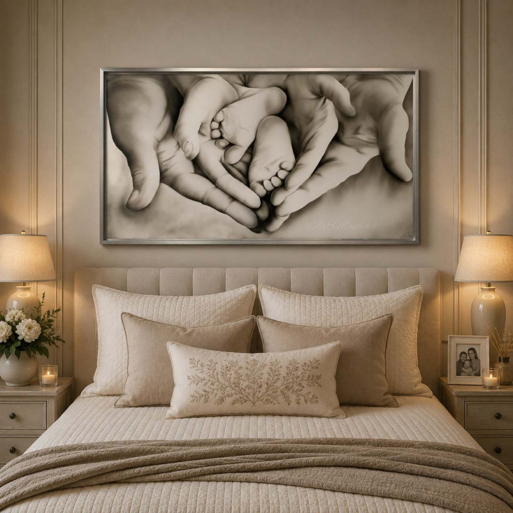 Capezzale moderno con la sacra famiglia dipinto a mano Family Heart 110x65