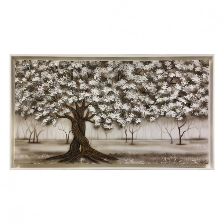 Quadro con paesaggio dipinto a mano su tela di cotone "Intreccio Bianco" 130x70