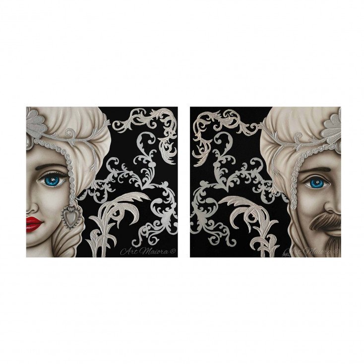Quadro dipinto a mano Mori King 80x80 set 2 pezzi