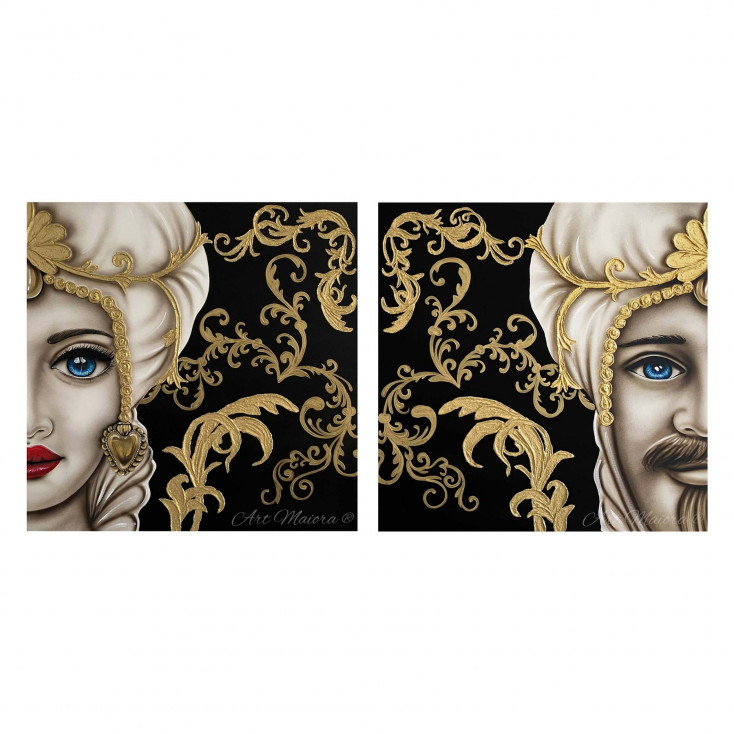 Quadro dipinto a mano Mori King 80x80 set 2 pezzi