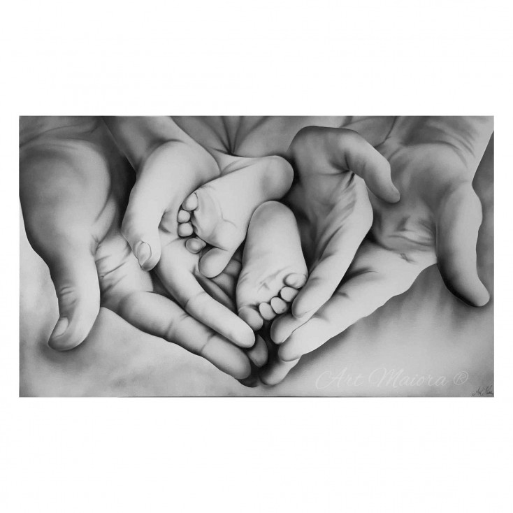 Quadro dipinto a mano su tela per camera da letto "Family Heart" 110x65