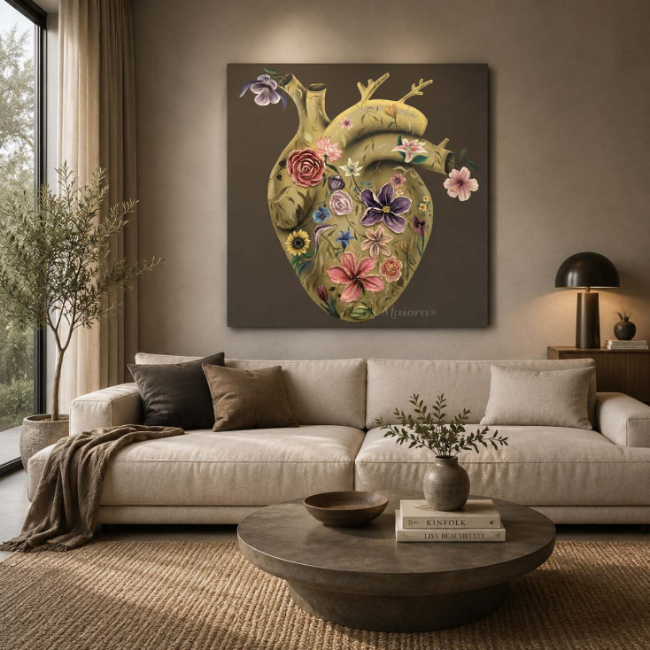 Quadro floreale materico astratto dipinto a mano Flowery Heart 100x100