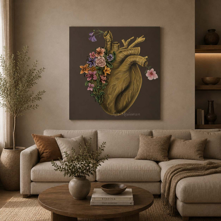 Quadro floreale materico astratto dipinto a mano Flowery Heart 100x100