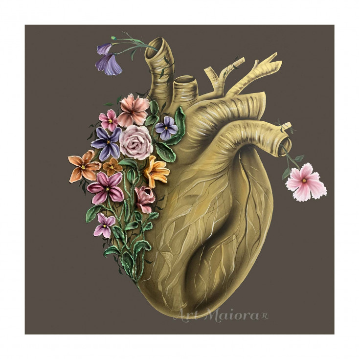 Quadro floreale materico astratto dipinto a mano Flowery Heart 100x100