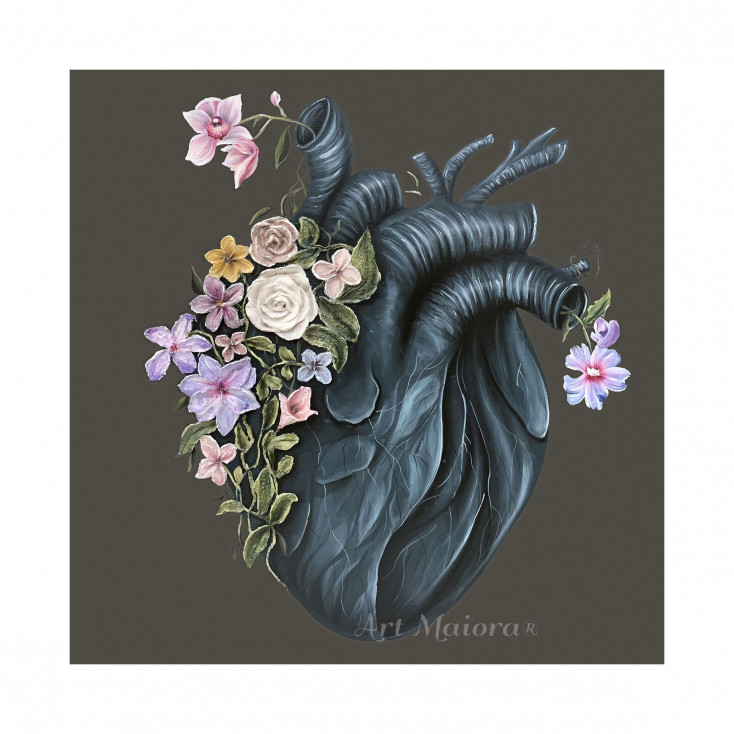 Quadro moderno con decori materici su tela "Flowery Heart" 100x100