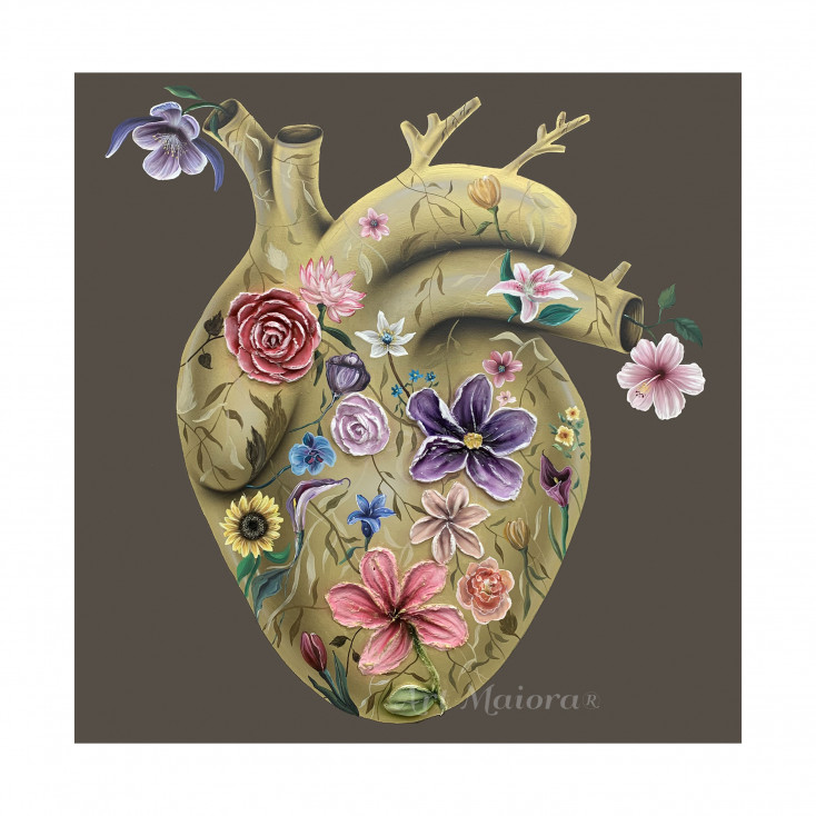 Quadro moderno con decori materici su tela "Flowery Heart Gold 2" 100x100