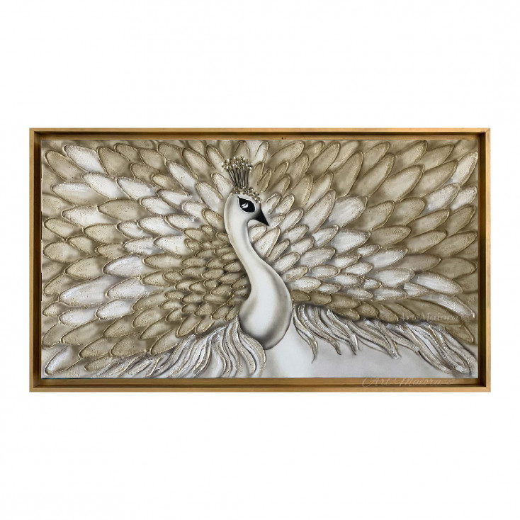 Quadro moderno con ritratto di pavone dipinto a mano su tela "Vanity" 130x70
