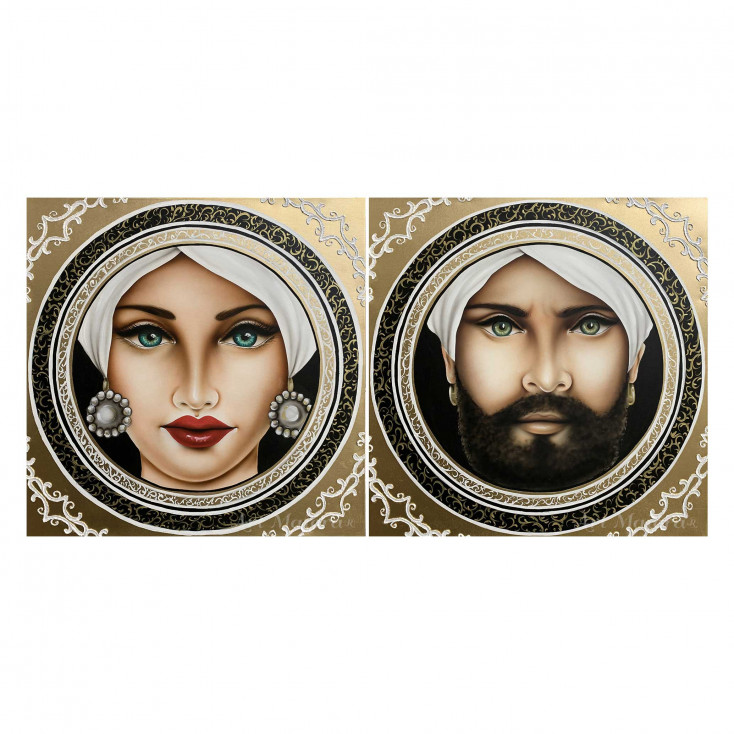 Quadro moderno dipinto a mano su tela "Coppia Tondo" 80x80 Set 2 pezzi