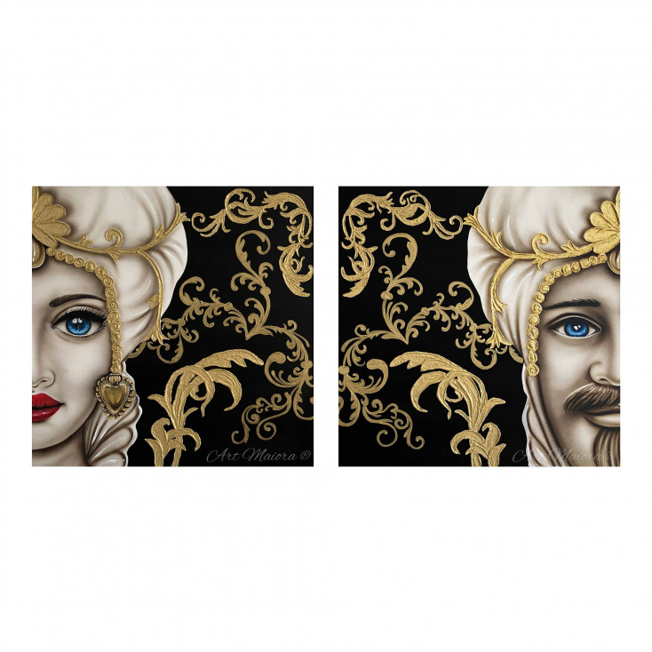 Set 2 pezzi quadri dipinti a mano su tela in cotone "Mori King" 80x80