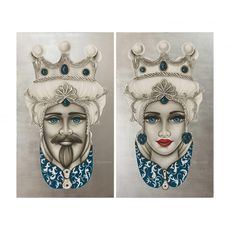 Set 2 pezzi quadri dipinti a mano su tela "Teste di Moro Crown" 110x65