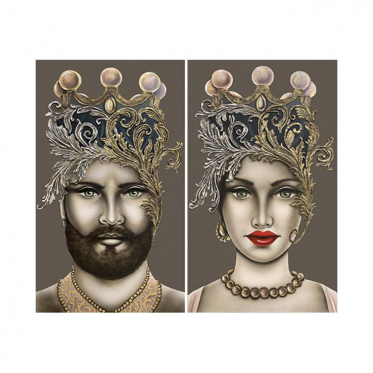 Set 2 quadri dipinti a mano su tela "Teste di Moro Crown New" 65x110 cad.