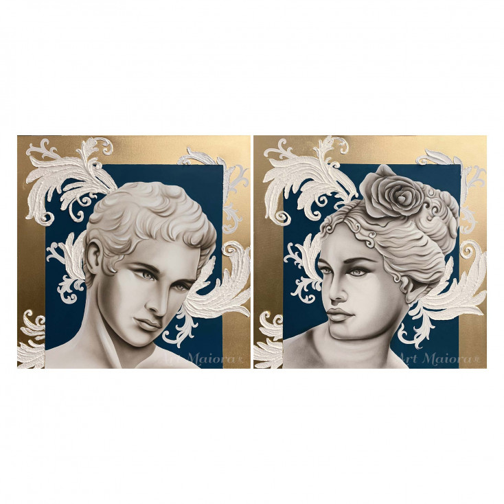 Set 2 quadri moderni con teste di moro dipinte a mano "Statue Alate" 80x80 cad.