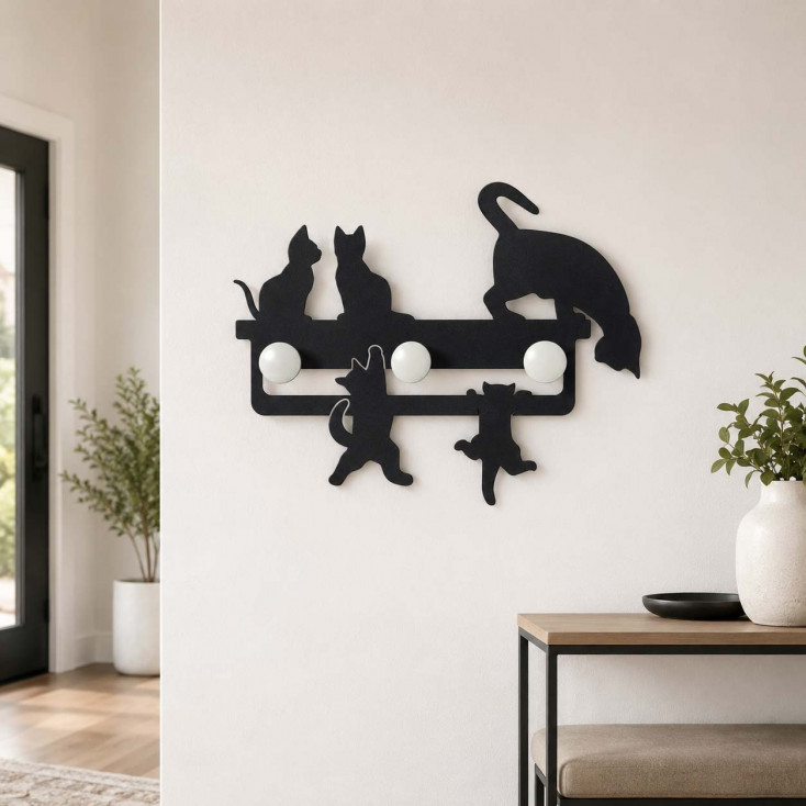 Appendiabiti parete design moderno in metallo con gattini con 3 ganci