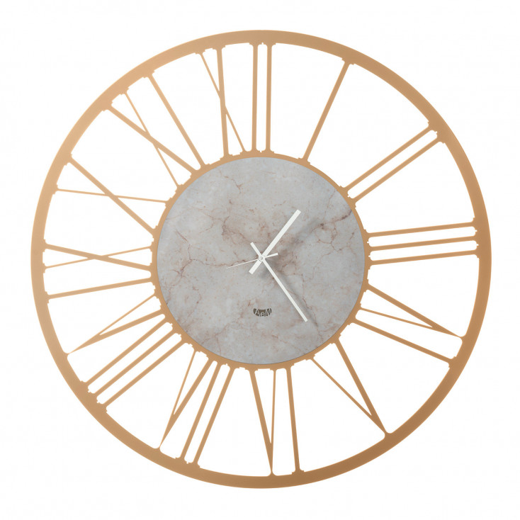 Orologio da parete in metallo con numeri romani e finitura marmo design moderno