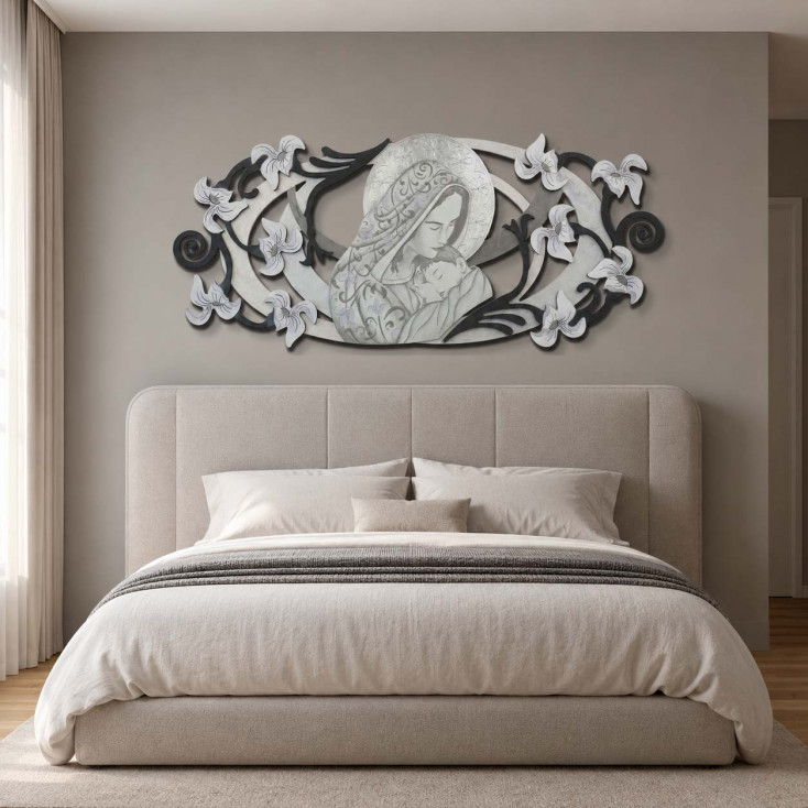 Capezzale in legno la maternità in rilievo e dettagli in foglia argento 155x65