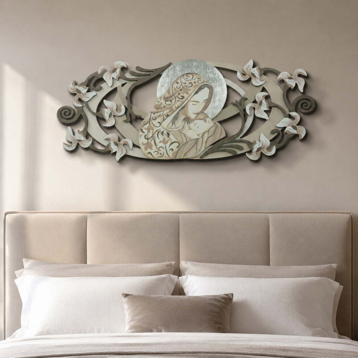 Capezzale la maternità in legno in rilievo e dettagli in foglia argento 155x65