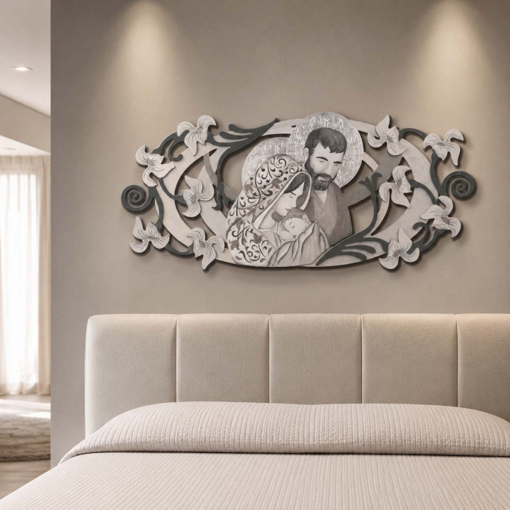 Capezzale la sacra famiglia in rilievo e dettagli in legno foglia argento 155x65