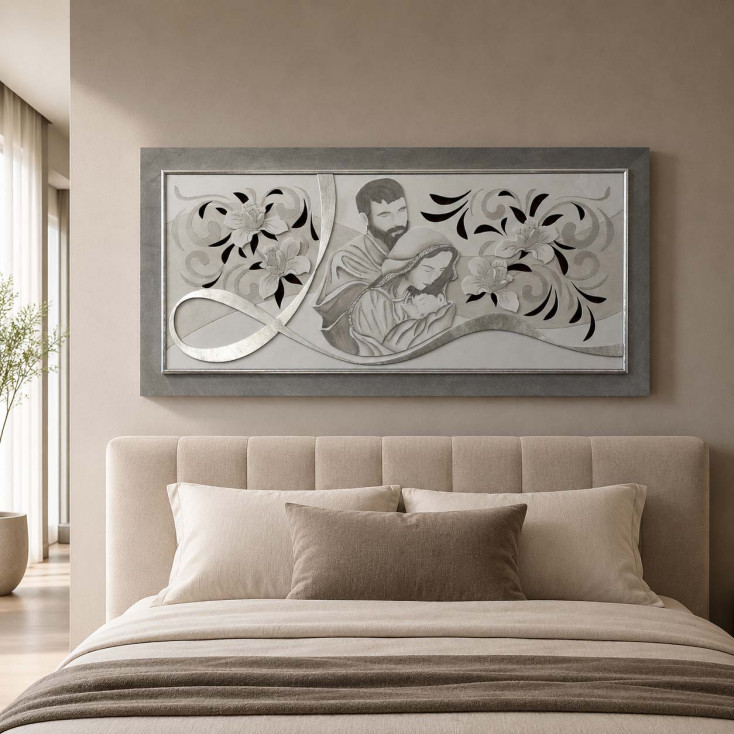 Capezzale moderno materico Sacra Famiglia in rilievo con foglia argento 120x60